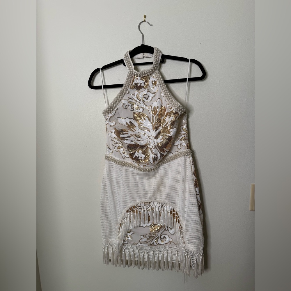 White and Gold Mini Halter Dress